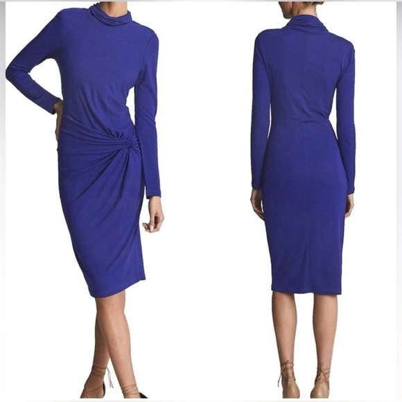 Reiss Freya Dress front twist long sleeves turtle neck in Royal blue - Picture 5 of 9